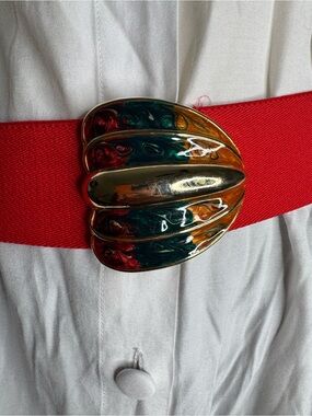 Day-Lor Vintage Belt Enamel Colorful Buckle Red  Stretch 80’s Size Small